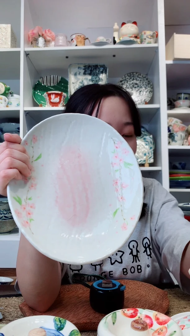 陶瓷【孤品】美浓烧樱花冰裂纹椭圆盘