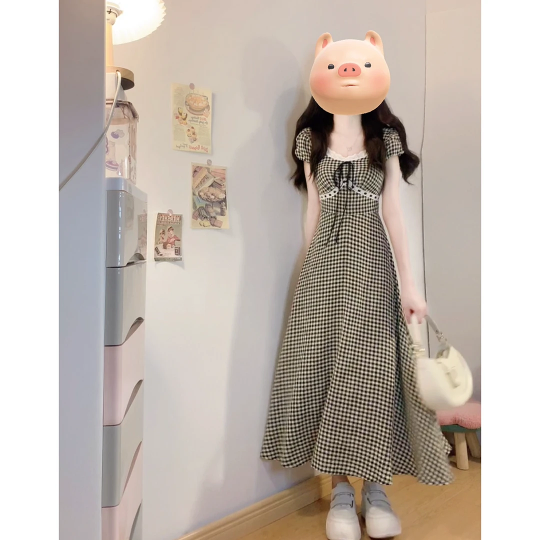 【半糖主义】 大码胖mm格子高腰显瘦短袖连衣裙拼接花边气质长裙