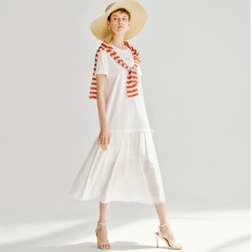 【羊羊专属】恩派雅罗马布包容显瘦短袖拼接连衣裙女XNKEC4528A