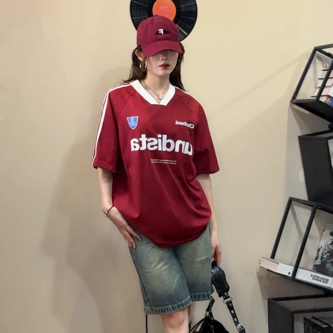 新款高街潮酷美式街头字母印花V领T恤情侣潮牌原创夏季宽松t恤