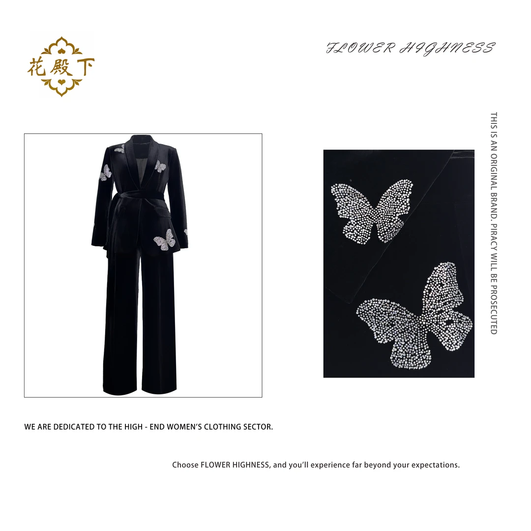 【蝴蝶忆梦】轻奢时尚洋气青果领蝴蝶烫钻套装