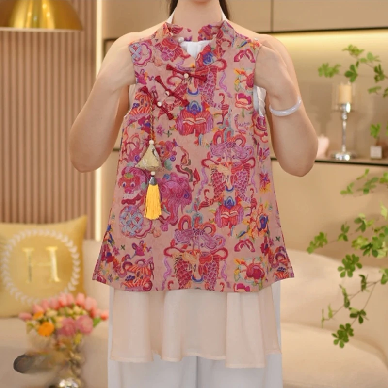 女童国风碎花汉服连衣裙夏季2025大童新中式盘扣背心裙薄款旗袍裙
