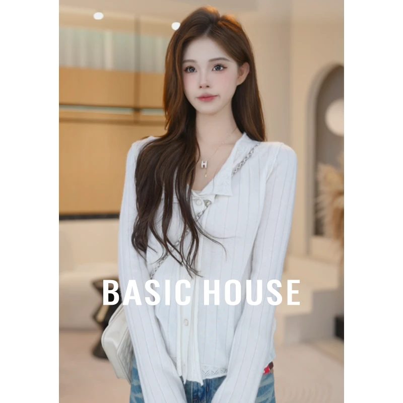 Basic House/百家好秋季新款显瘦不规则宽松针织开衫B1195B56A52