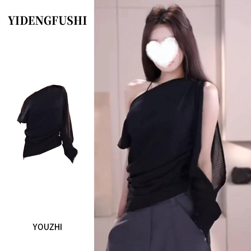 法式慵懒风黑色斜肩T恤女夏季设计感宽松显瘦辣妹露背长袖上衣