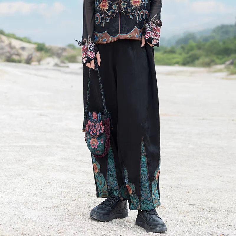 2025春季新款民族风女装复古松紧腰刺绣哈伦裤小脚裤提花休闲裤女