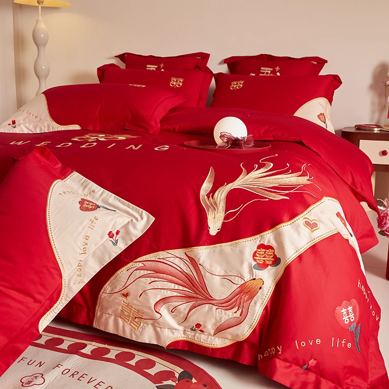 新中式长绒棉全棉刺绣婚庆四件套浮雕高级结婚嫁床单被套床上用品