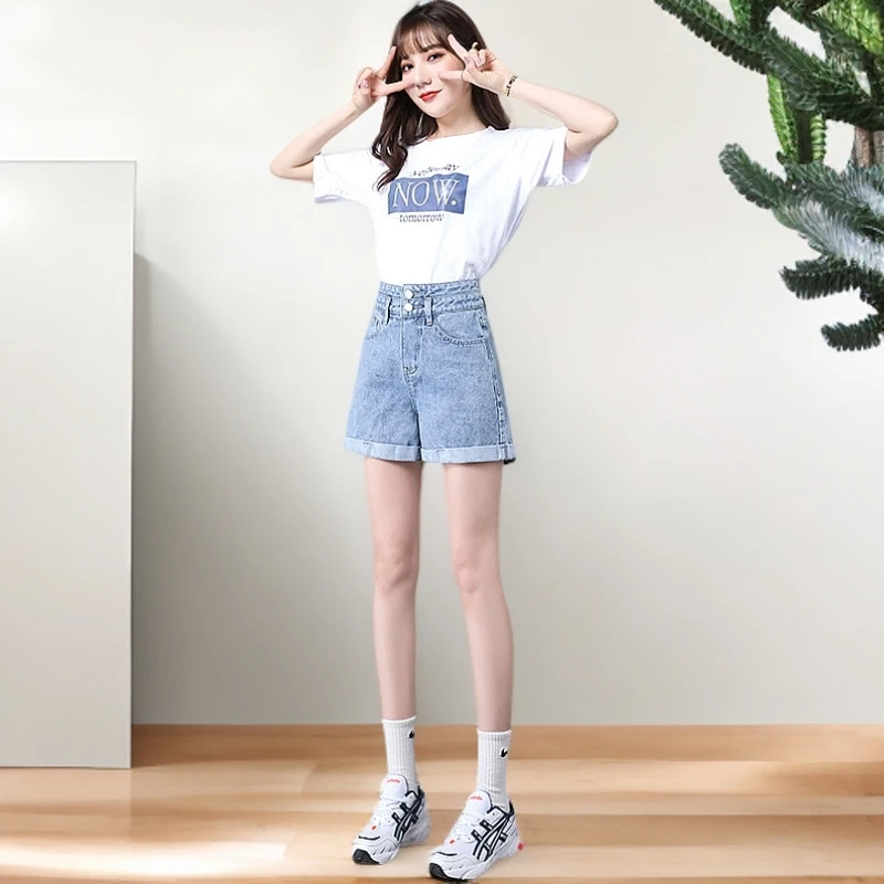 夏季薄款超高腰阔腿直筒牛仔短裤女宽松遮肉遮跨卷边a字三分短裤.