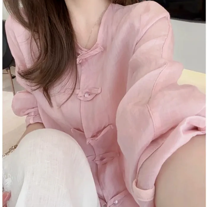 洋气显白纯色衬衫气质盘扣长袖衬衣女2025夏季新款休闲百搭上衣