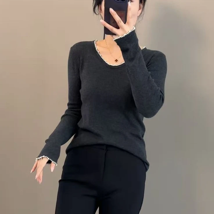 加绒洋气针织打底衫女秋冬新款百搭显瘦纯色手工钉珠上衣长袖T恤