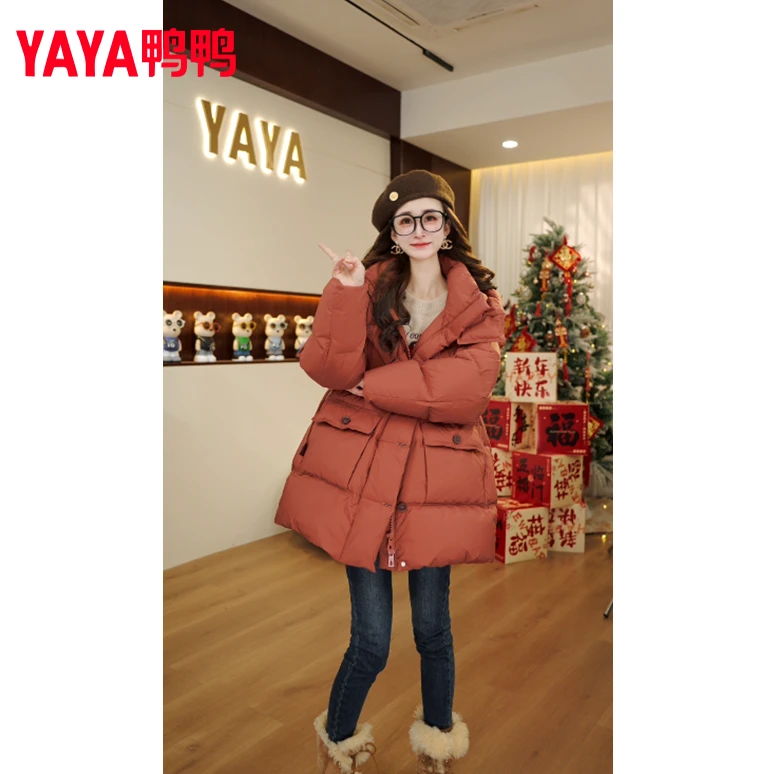 YAYA/鸭鸭羽绒服极寒系类冬季90绒显瘦连帽中长款外套YE4B619875L