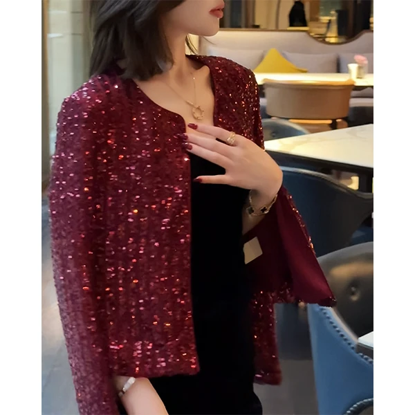 LUXURYMEMO【缪斯女神】秋季新款气质百搭重工亮片酒红色外套