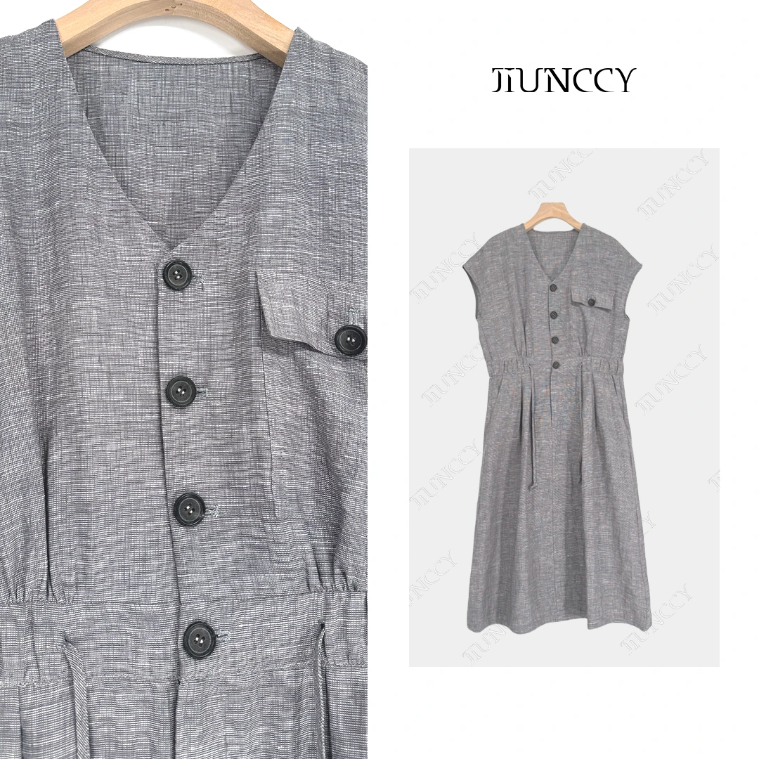 JIUNCCY【湖畔】全亚麻色织士林染半开襟腰部抽绳连衣裙 52YLYQ021