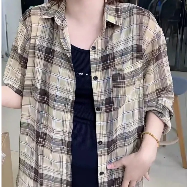 夏季薄款格子衬衫女宽松极简防晒衣休闲百搭上衣时尚百搭长袖衬衣