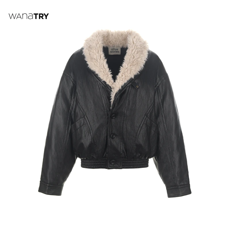 【自播专享】wana try 黑色毛领休闲夹棉皮衣外套(TM)