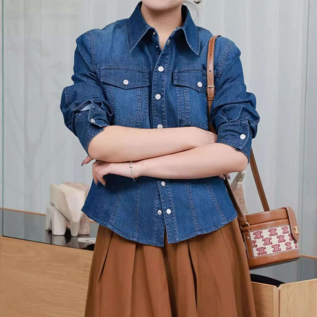 【商场同款】春秋时尚复古收腰翻领气质长袖牛仔衬衫摩登猫1301061
