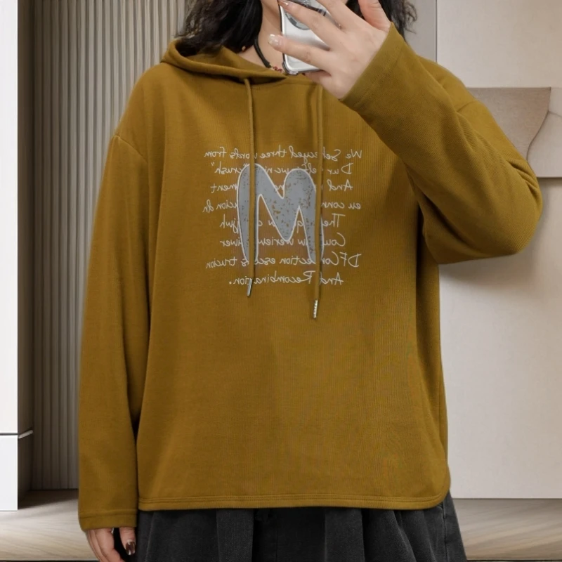秋季长袖连帽卫衣宽松女士上衣印花百搭套头衫B71181