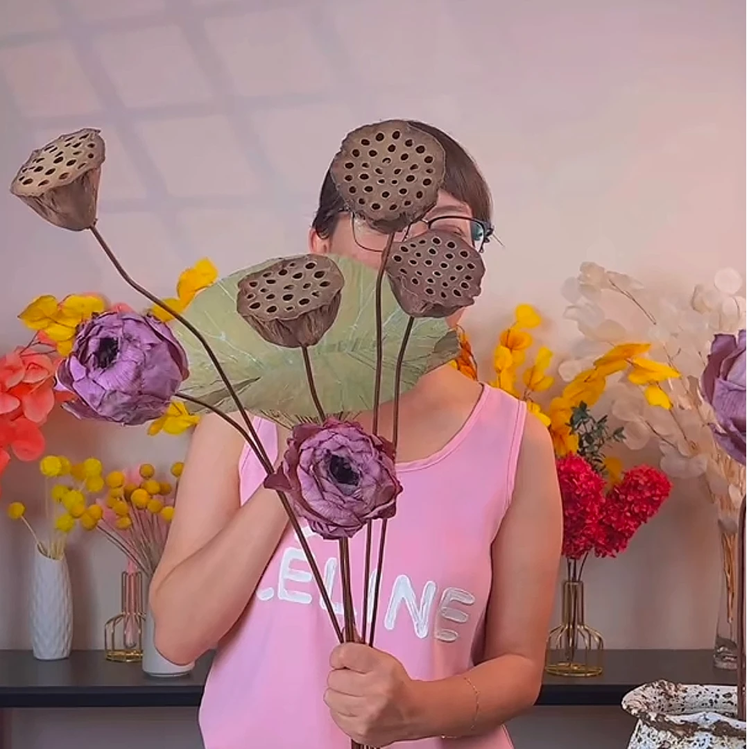 【荷气生财-仿真杆】天然干荷花莲蓬荷叶插花禅意茶室民宿酒店软装