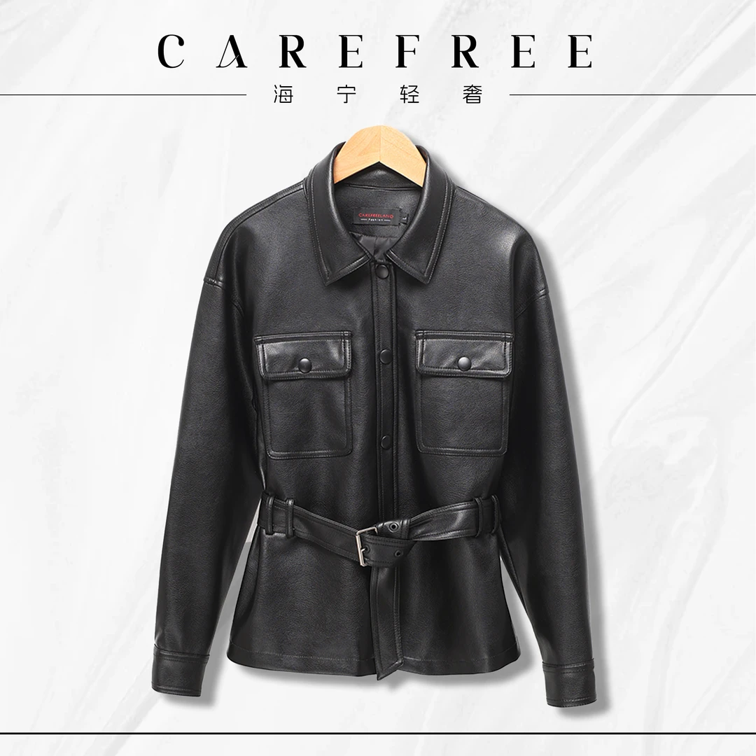 【CAREFREE轻奢】1907海宁真皮宋佳同款皮衣女绵羊皮中长款外套皮衣