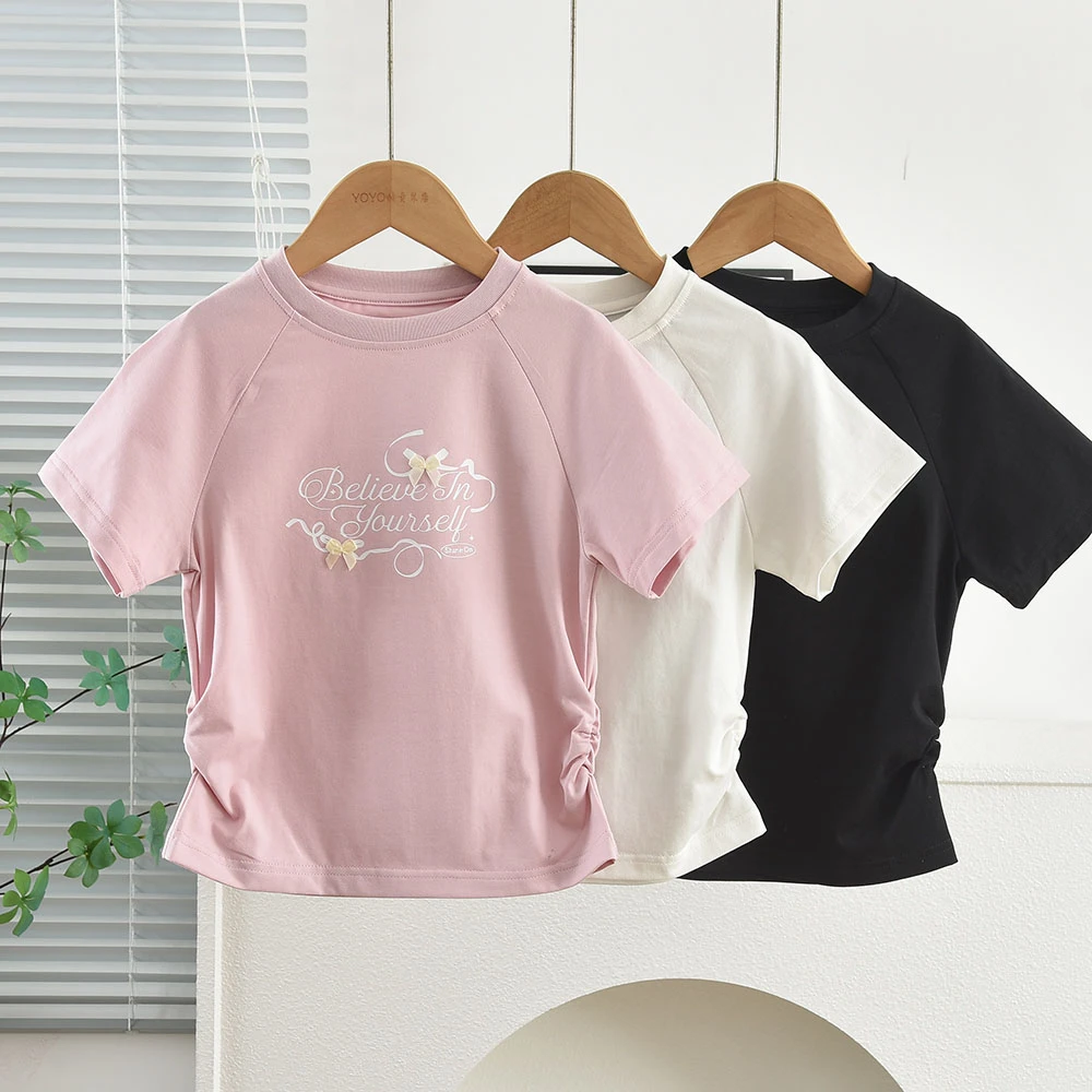 洋气童装2025夏款儿童女童棉质白短袖 宝宝中大童收腰蝴蝶结T恤衫