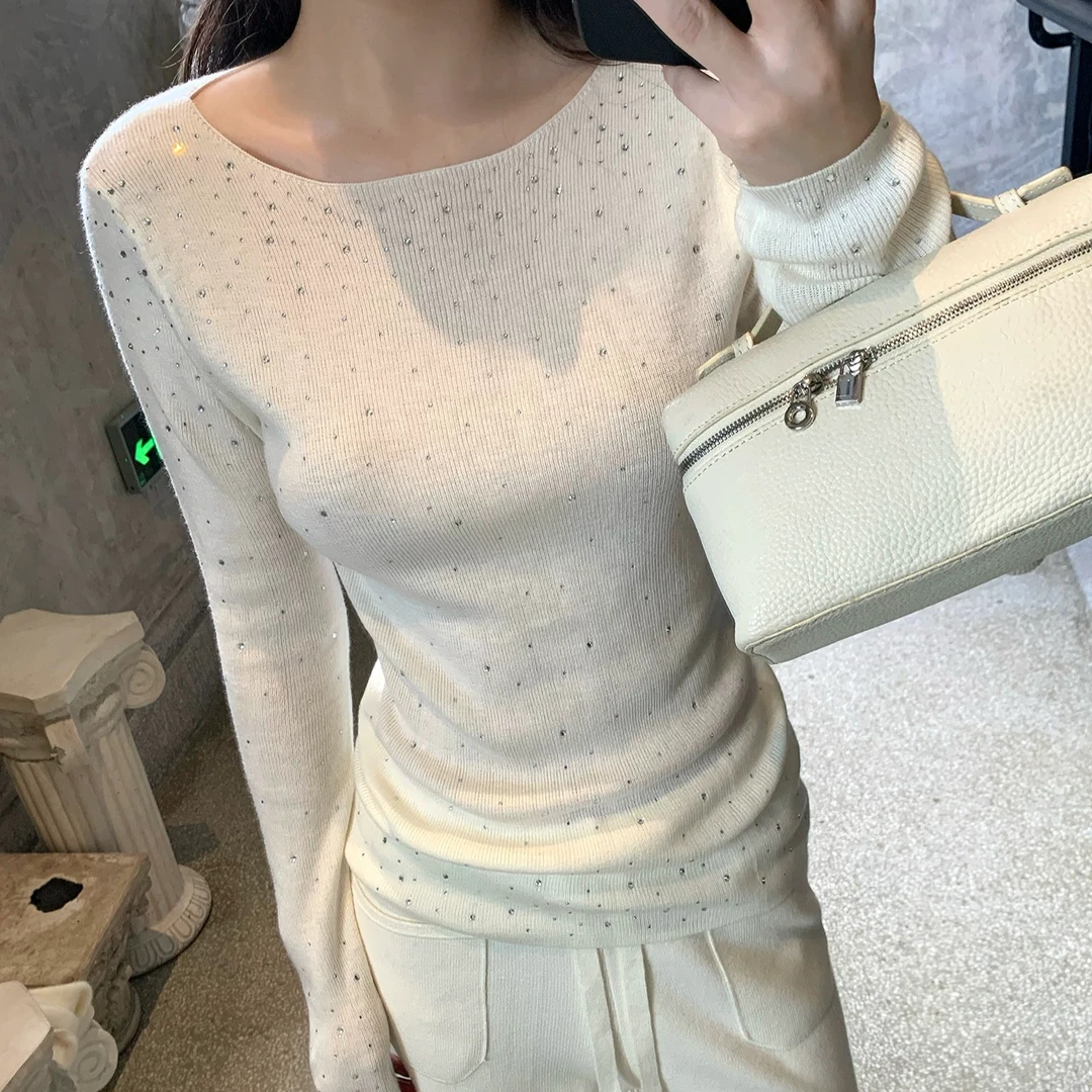 秋冬毛衣女烫钻高级感衫修身显瘦长袖内搭打底衫设计感针织上衣