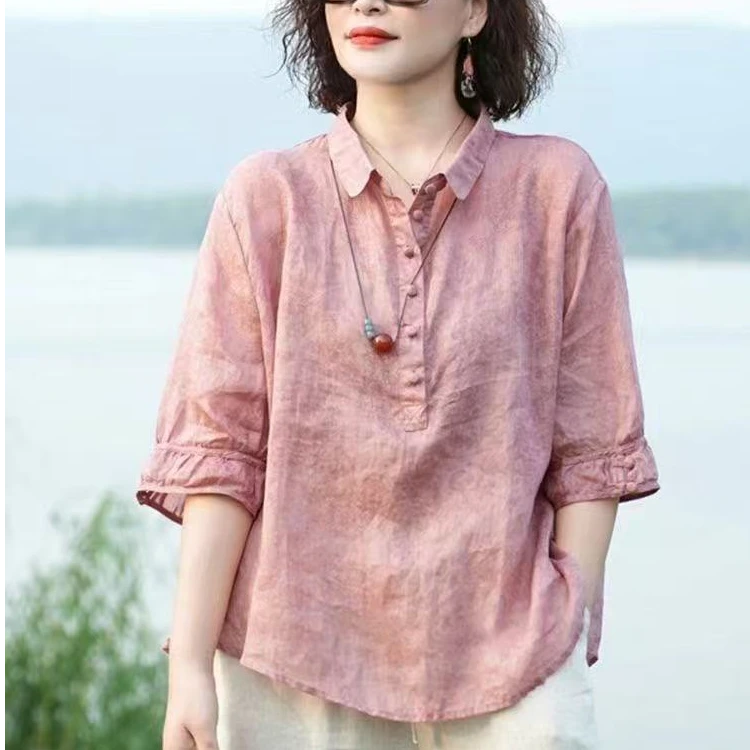 2025夏季新款时尚翻领衬衫女短袖大码休闲