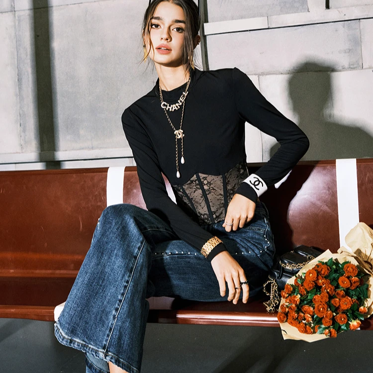 【若谷专属】CHICHY洋气千金风微喇牛仔裤高腰修身长裤CW6J002253