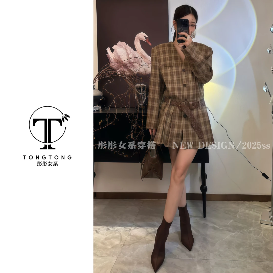 TongTong女系 秋季长袖外套格子冬季外套复古气质时尚百搭格纹