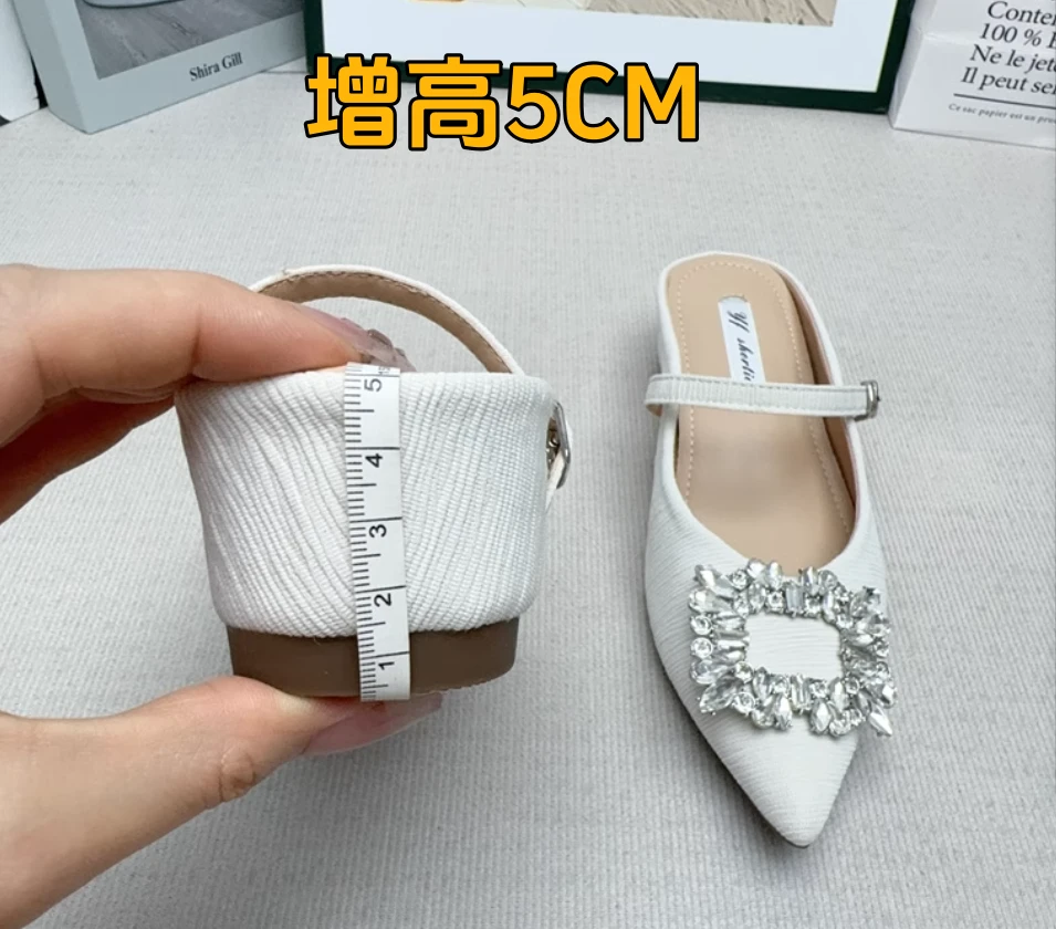 法式内增高尖头半拖鞋女夏季小众高级感水钻方扣穆勒鞋一脚蹬凉拖