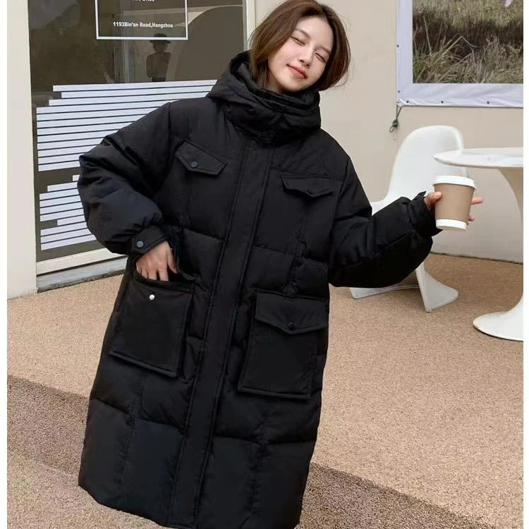 【64黑色】90白鸭绒羽绒服女中长款200斤加肥加大码宽松连帽显瘦