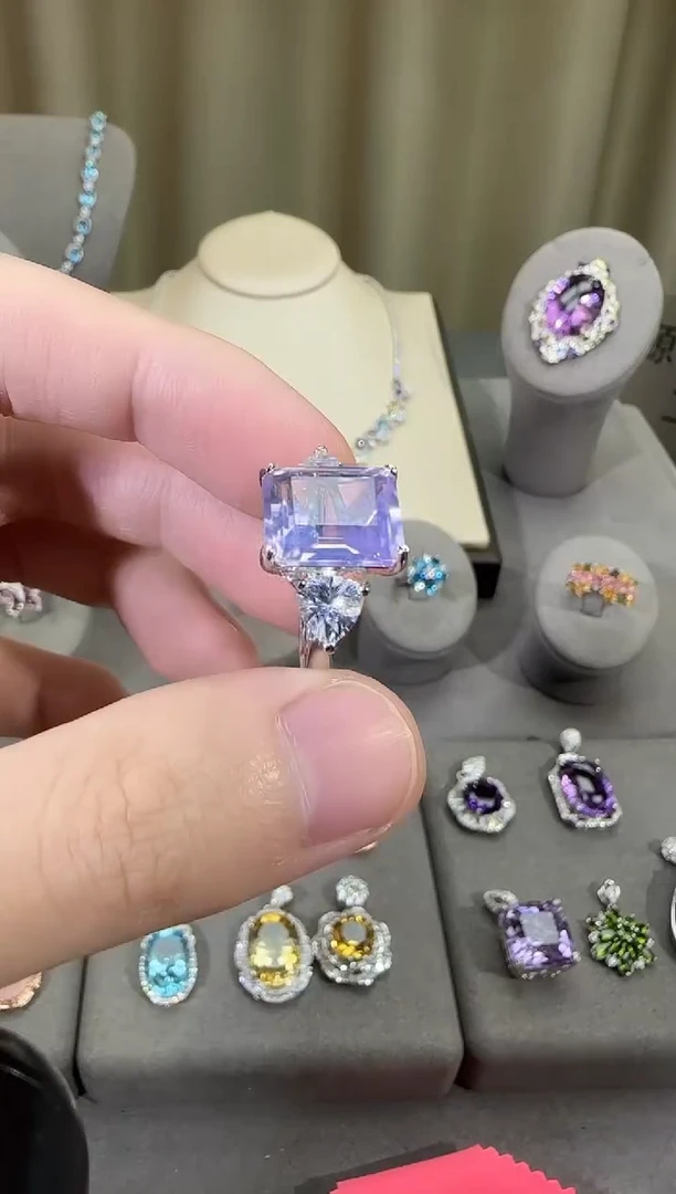 银S925镶嵌戒指水晶12*10mm戒指薰衣草