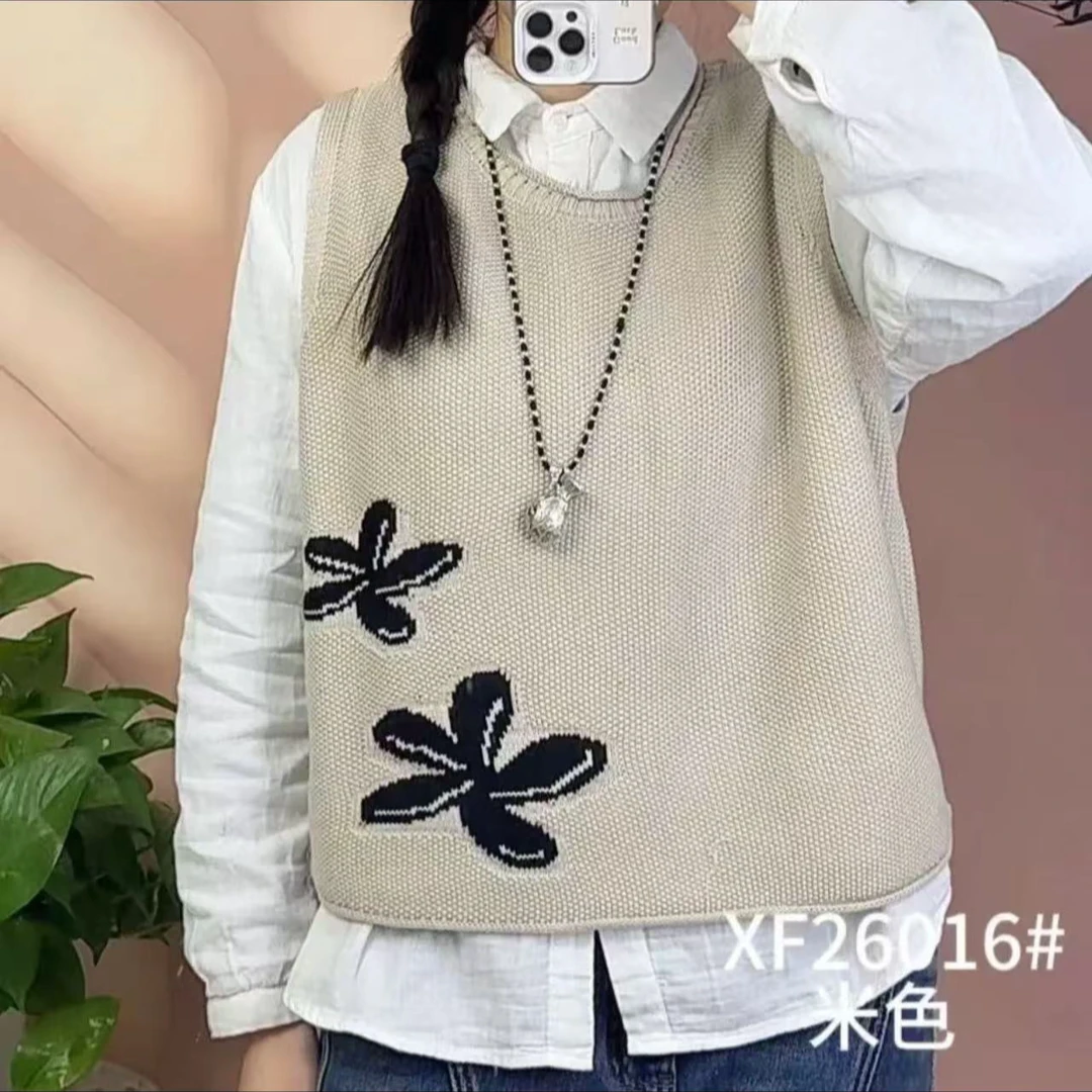 【韩版时尚休闲棉提花圆领毛衣马甲宽松文艺显瘦网红爆款圆领复古