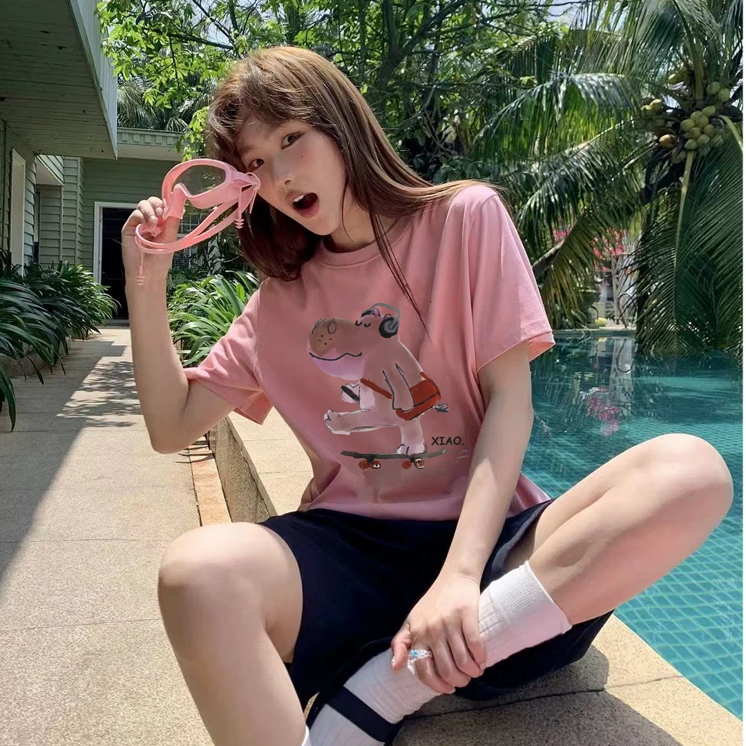 OLLY夏纯棉T恤2025新宽松圆领简约上衣重磅韩男女同款（粉色海马）