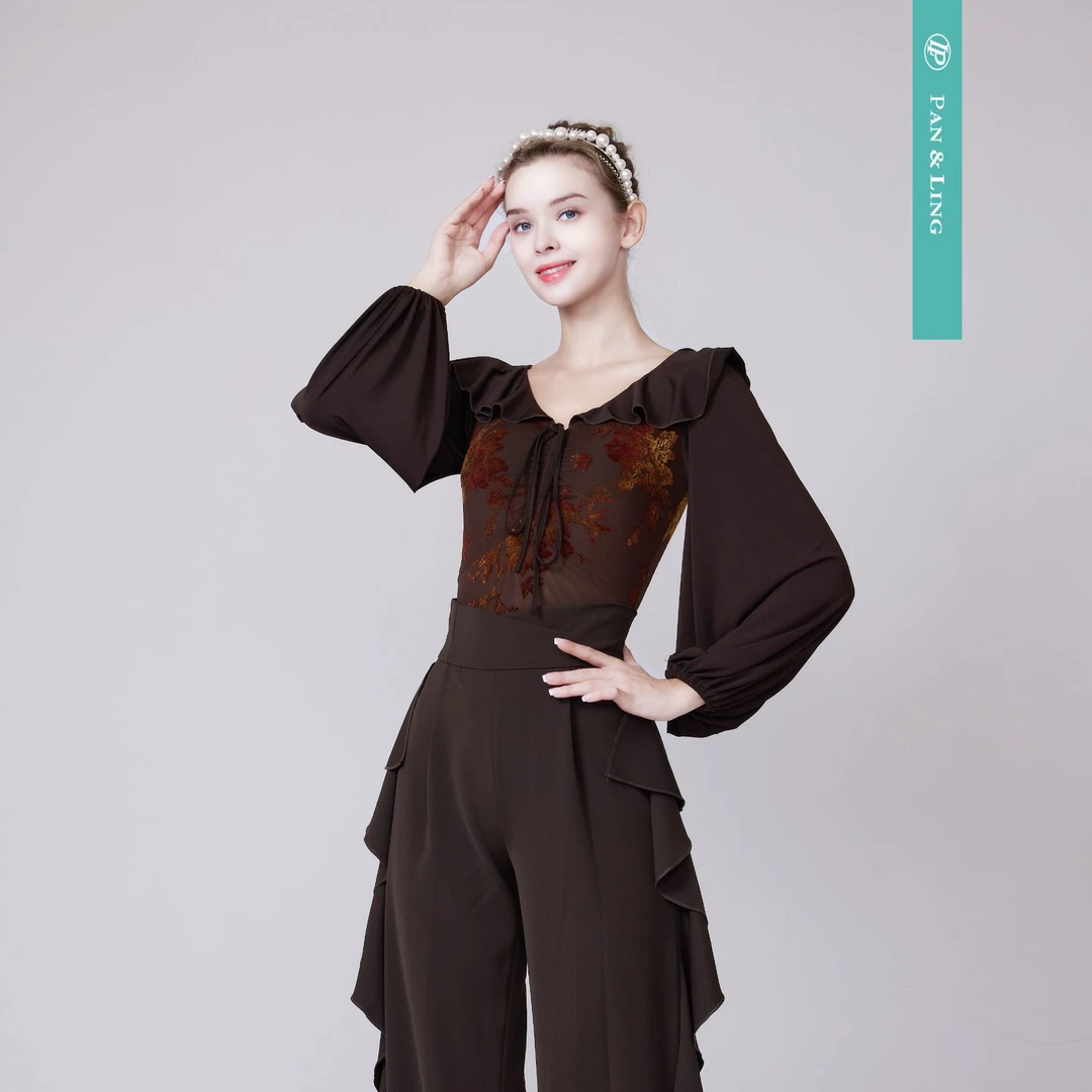 【LP舞服】原创设计-法式荷叶边领抽褶长袖上衣Y24334