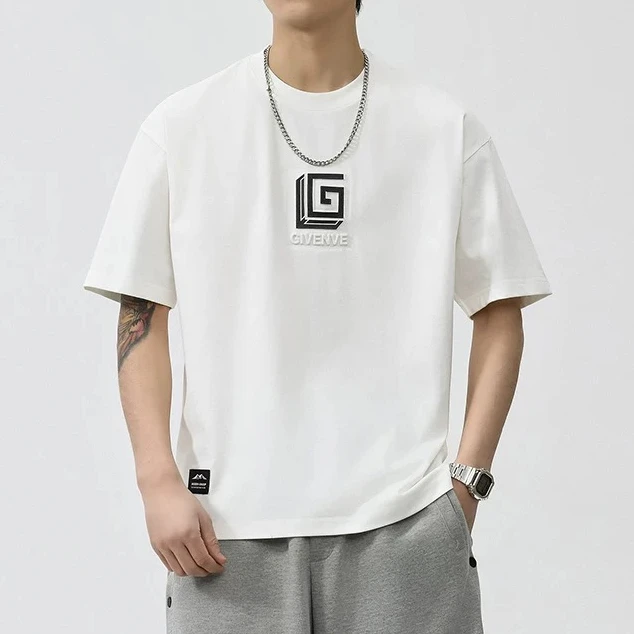 【清爽钢印字母高棉感短袖】夏季新款简约圆领亲肤舒适T恤-2366