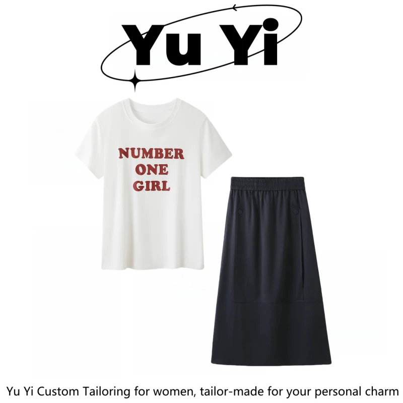 宇熠-2025夏季字母印花短袖T恤上衣显瘦百搭半身裙休闲二件套9051