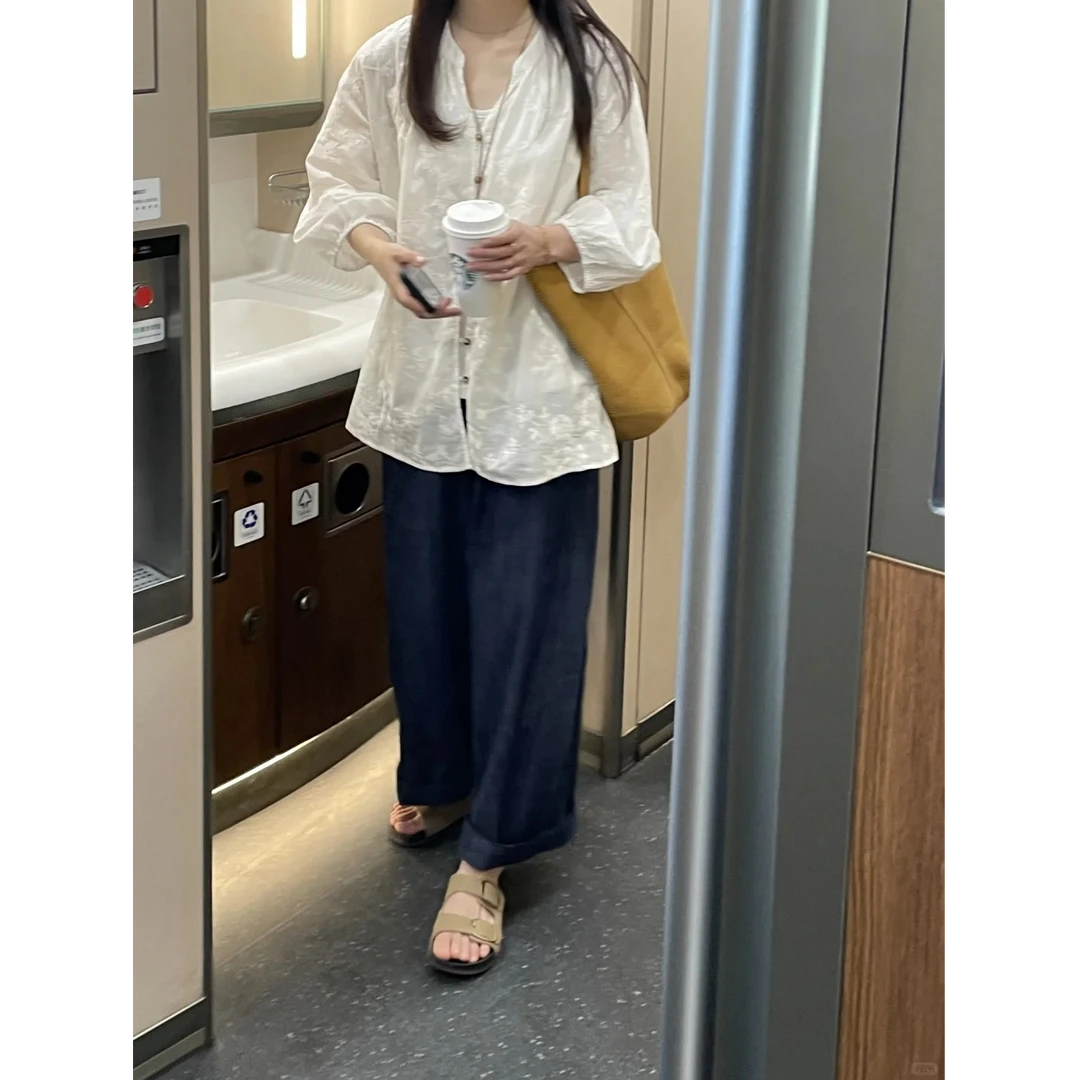文艺复古v领七分袖刺绣衬衫女春夏季新款单排扣宽松百搭开衫上衣