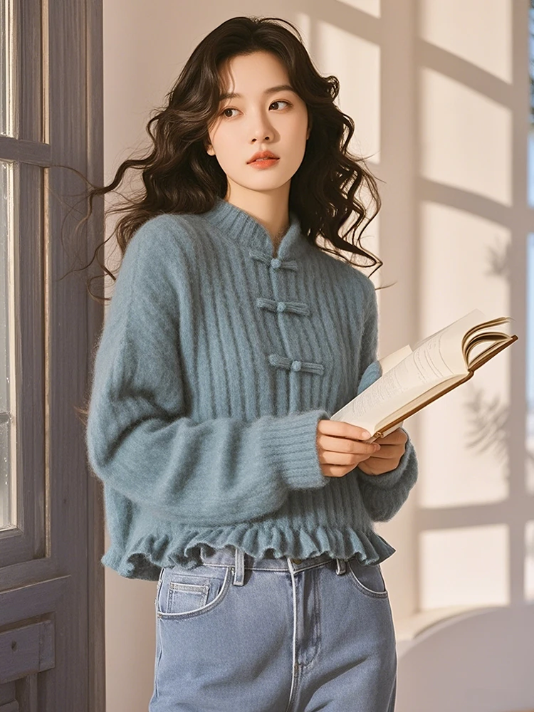 2024新款新中式盘扣毛衣女秋冬绝美高级小众不撞款蓝色针织衫上衣
