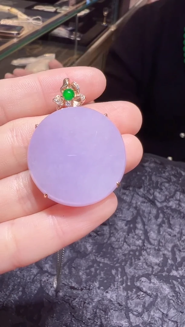 吊坠(不含链)18K金镶嵌翡翠高冰紫罗兰圆牌