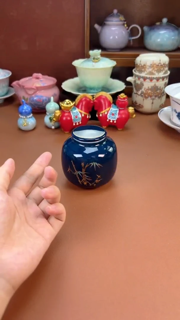 拾椿山 | 精美陶瓷茶具/茶器/茶道配件 霁蓝竹子茶叶罐