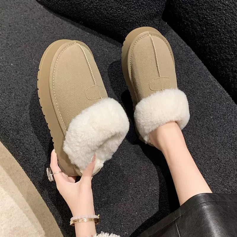 韩版大气简约厚底女冬季外穿一脚蹬毛毛包头拖鞋1016