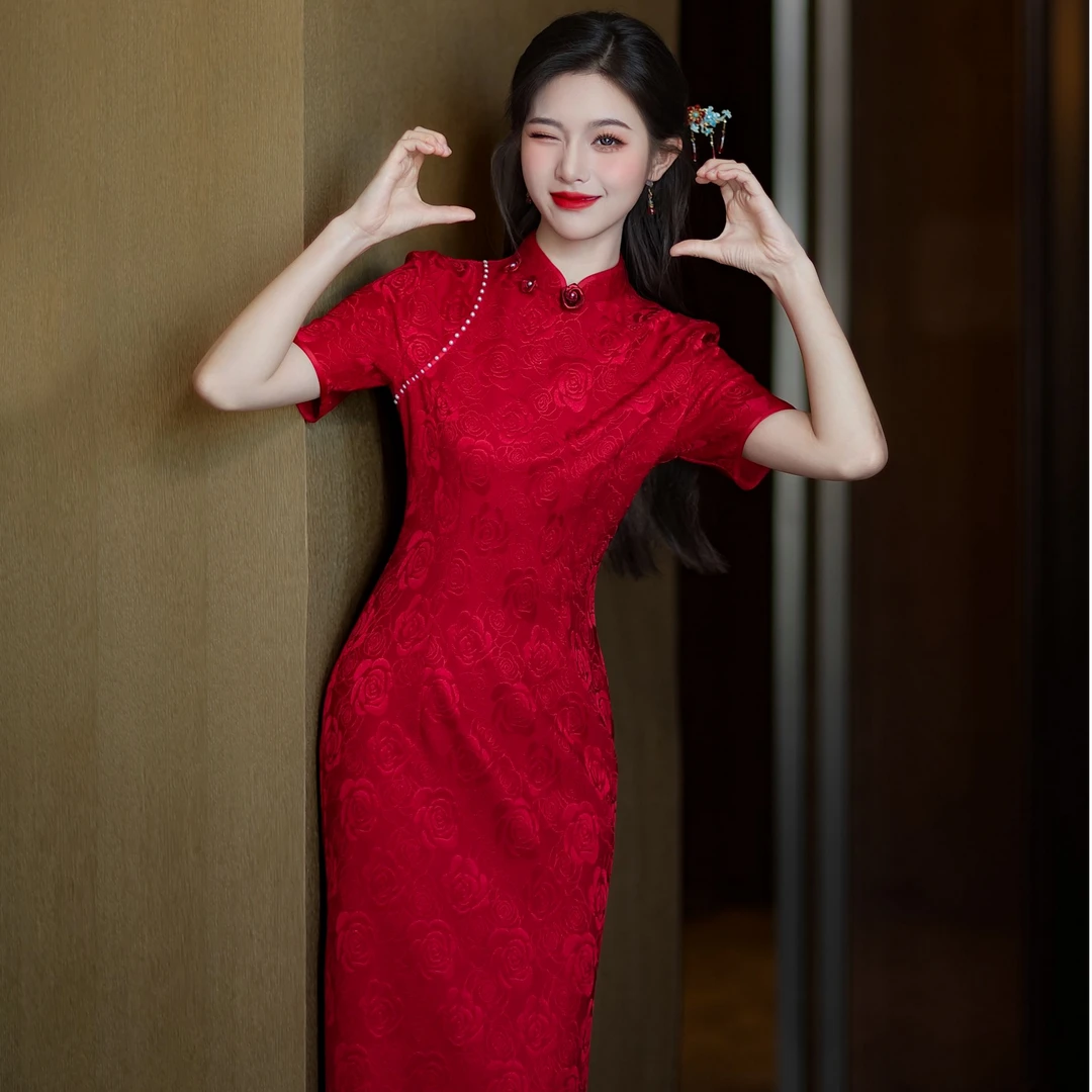 旗袍2025年气质针织提花长旗袍新娘中国风婚礼服显瘦夏款连衣裙