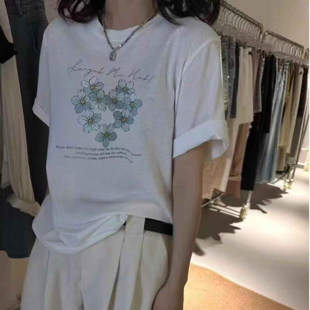 232-2夏季宽松印花女休闲蓝色花朵短袖T恤