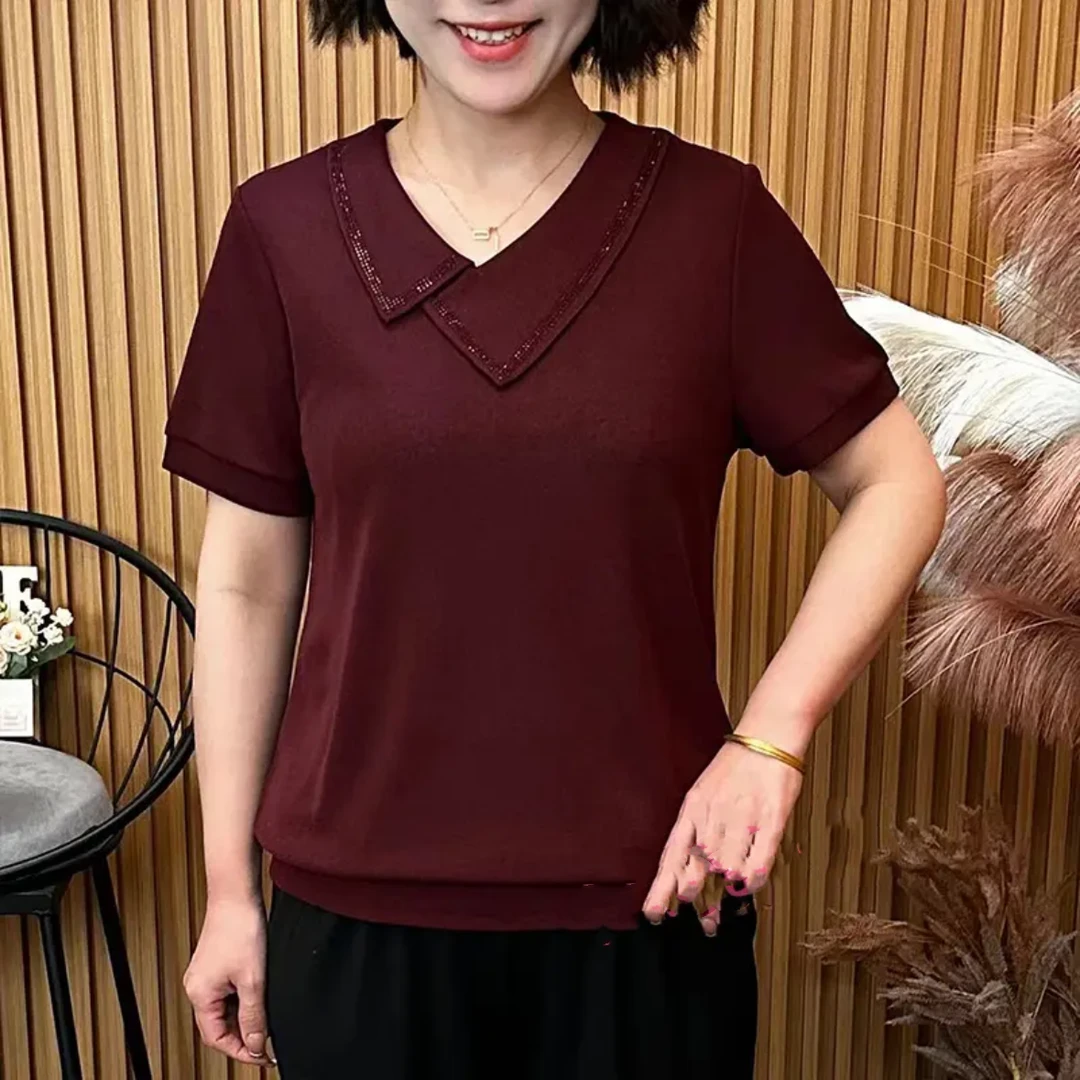 夏季新款妈妈装烫钻不对称领宽松显瘦中老年女装短袖上衣时尚减龄