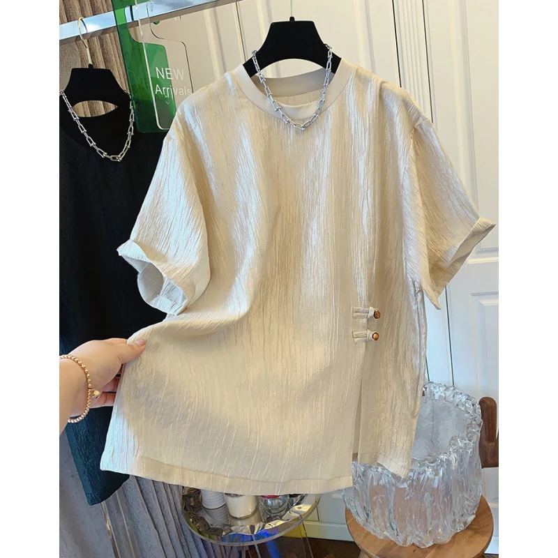 P961高级感超好看珠光褶皱肌理感新中式开叉短袖T恤衬衫上衣女夏