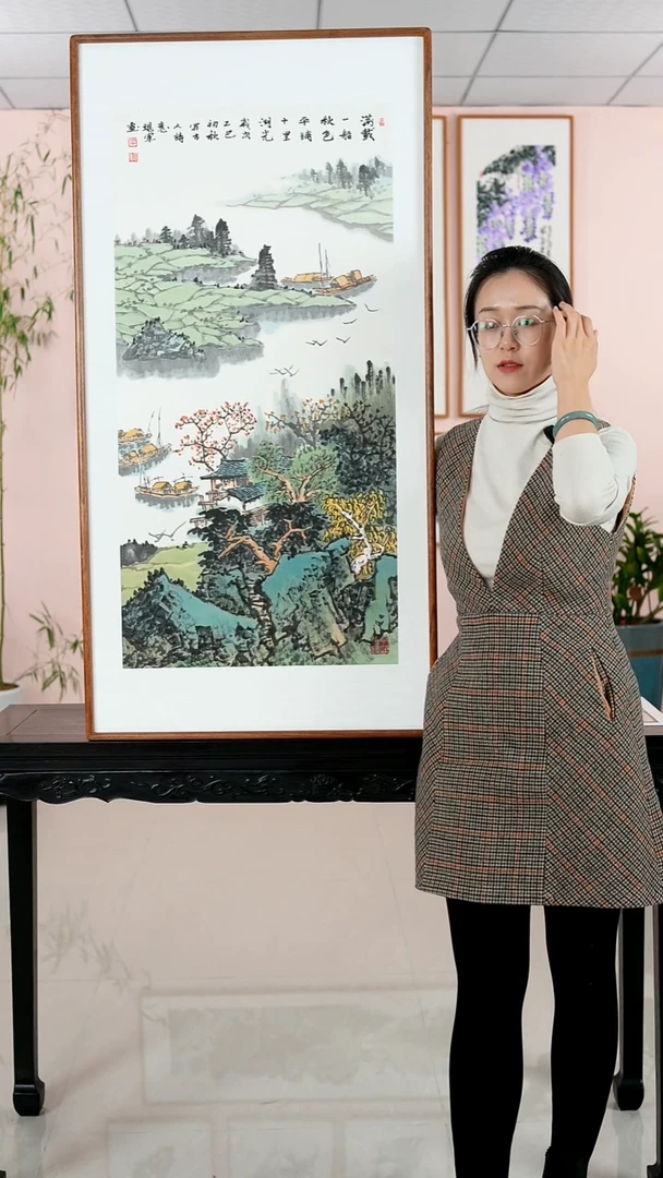 国画张现军《满载一船秋色》纯手绘檀木框122*62厘米