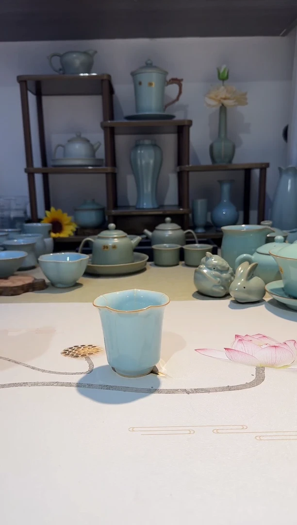 摆件33束花杯 闻香杯品茗杯主人杯 天青釉不开片一级一