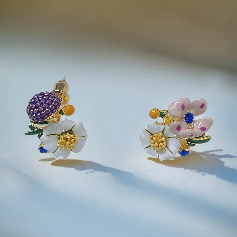 铜合金锆石耳饰 耳钉女款时尚立体雏菊花朵耳钉百搭滴油彩色耳环