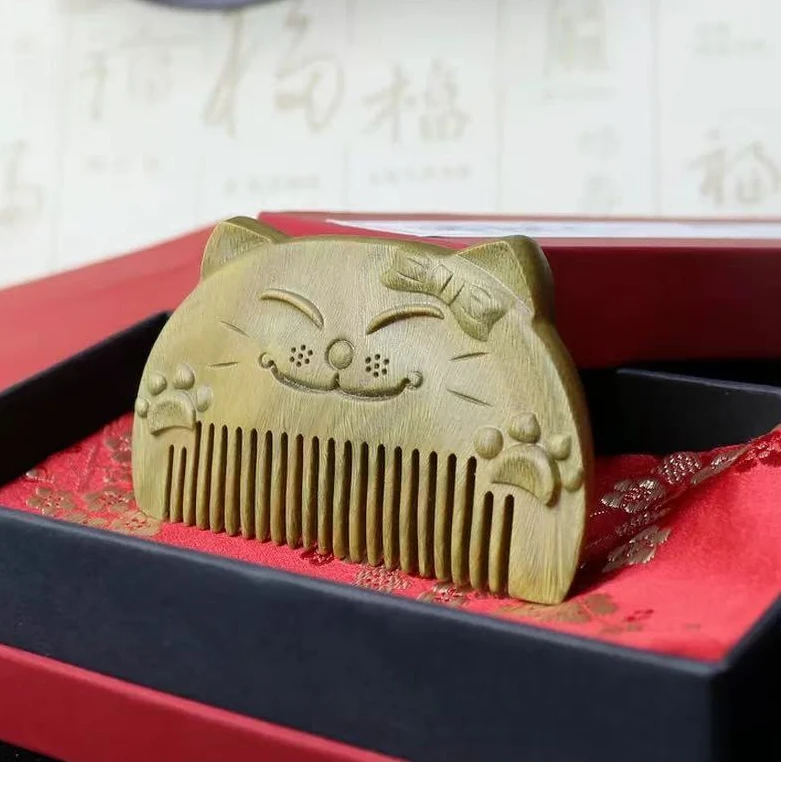 精工精雕阿根廷绿檀小猫木梳