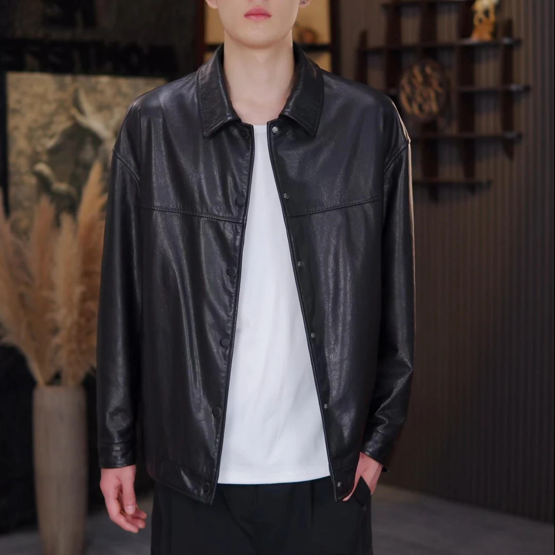 【洲元男装】海宁头层油蜡牛皮春秋时尚百搭男士短款休闲外套060
