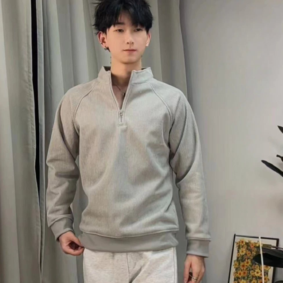 秋冬长袖华夫格卫衣内搭加绒加厚半拉链休闲男纯色简约立领上衣